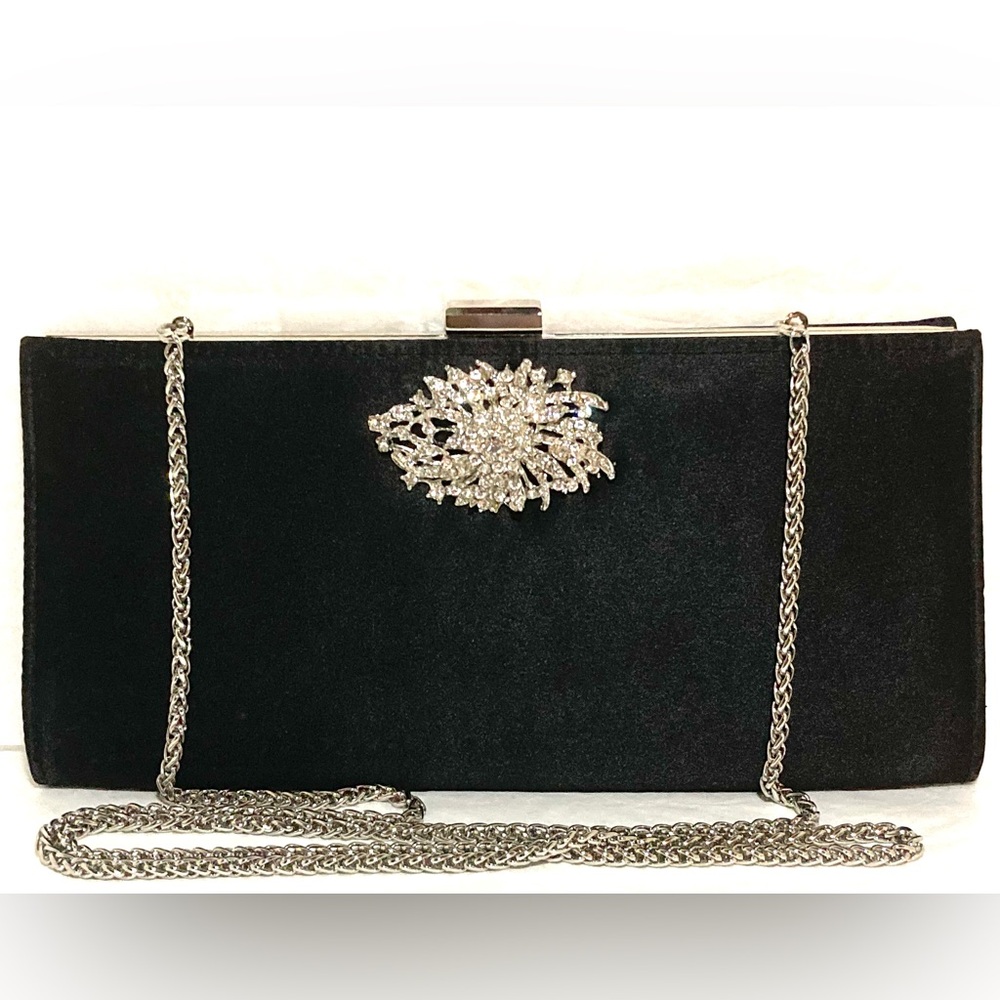 Black Clutch with Crystal Accent and Silver Chain